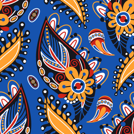 Folkloric Seamless Pattern with  Paisley Indian Cucumber, Nature Inspired Design Element. Ornate Abstract Floral Pattern. Endless Texture for Fabric, Wallpaper etc. Vector Illustrationのイラスト素材