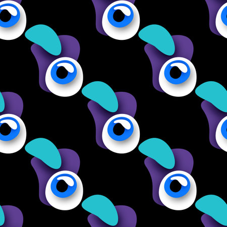 Seamless Pattern with Psyhodelical Print with Monster Eyes. Surreal Design on Black. Pop Art Cartoon Style with Stains. Endless Texture. Vector 3d Illustrationのイラスト素材