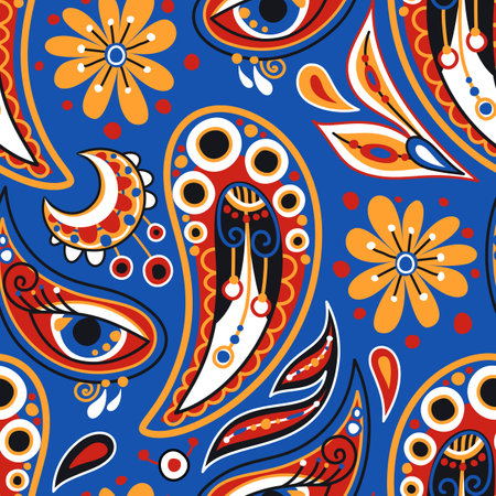 Folkloric Seamless Pattern with  Paisley Indian Cucumber, Nature Inspired Design Element. Ornate Abstract Floral Pattern. Endless Texture for Fabric, Wallpaper etc. Vector Illustrationのイラスト素材