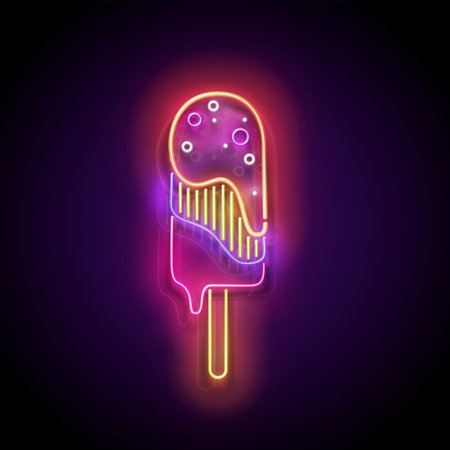 Vintage Glow Signboard with Lolly Pop Ice Cream. Frozen Fruit, Sorbet. Shiny Neon Light Poster, Banner, Playbill, Night Club Invitation. Glossy Background. Vector 3d Illustrationのイラスト素材