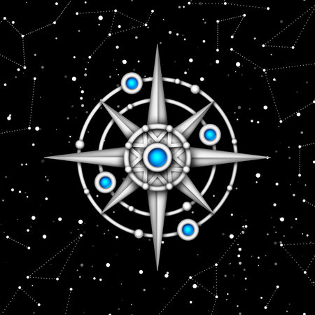 Ice Crystal Mechanical Stars on Cosmic Universe, Deco Element. Night Sky with Constellations, Nebulas, Comets, Stars, etc. Aesthetic Object. Textured Space Background. Vector 3d illustrationのイラスト素材
