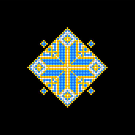 Realistic Cross-Stitch Embroideried Ornate Element. Ethnic Motif, Handmade Stylization. Traditional Ukrainian Yellow and Blue Embroidery. Ethnic Single Design Element. Vector 3d Illustrationのイラスト素材