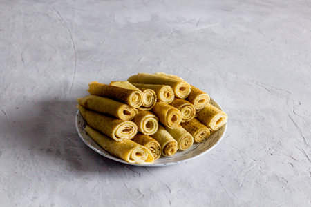 homemade pancakes, delicious, healthy food, tea drinking on a gray concrete backgroundの写真素材