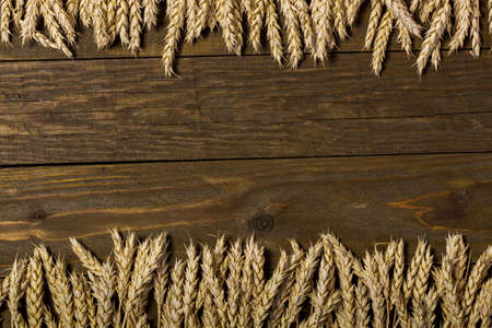 arrangement of wheat ears on the table for design with copy spaceの写真素材