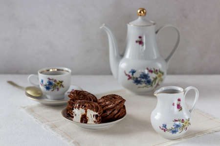French gourmet morning tea with delicate sweetsの写真素材