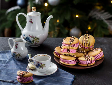Evening tea with sweets, festive atmosphereの写真素材