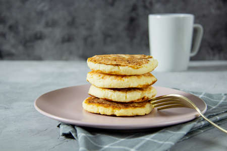 Fried curd cheese pancakes. Healthy, delicious kids food for the whole family. Serving lunch, close-upの写真素材