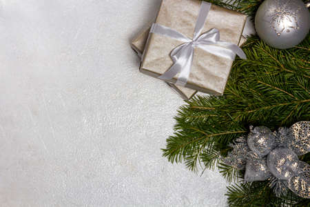 Festive white background with Christmas decorations. Flat lay, top view. Copy space for text.の写真素材