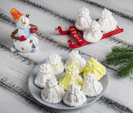 white marshmallow. Homemade marshmallow set. Russian sweet cuisine, New Year themeの写真素材