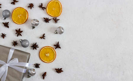 Winter holiday theme oranges and gifts. flat lay.の写真素材