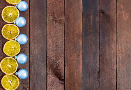 New Year card with balls and oranges. top viewの写真素材