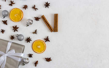 Winter holiday theme oranges and gifts and watches. flat lay.の写真素材