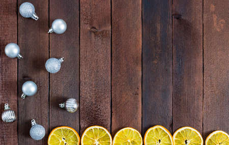 New Year card with balls and oranges. top viewの写真素材