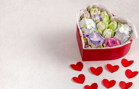 valentine, holiday card with flowers and red heart, for designの写真素材