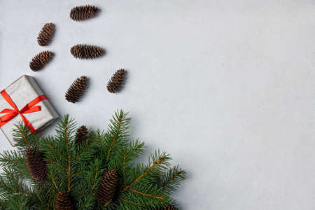 The theme of winter holidays is gifts with Christmas decorations and a Christmas tree. view from above. copy of the space, banner, postcardの写真素材