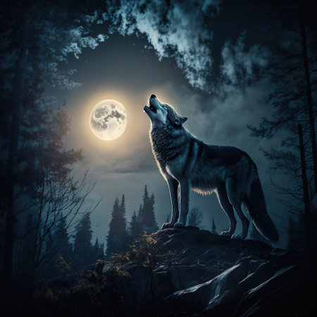 a wolf in the night forest howls at the moon. Generative AIの素材