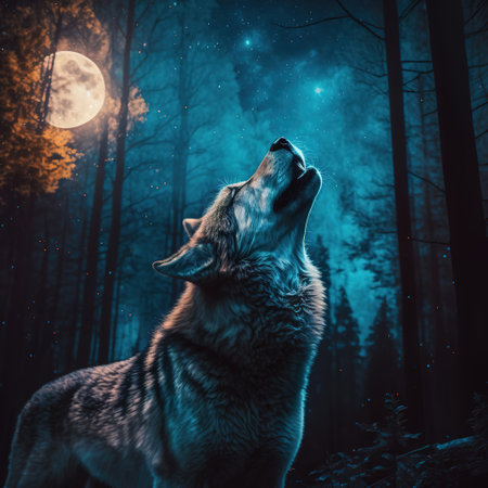a wolf in the night forest howls at the moon. Generative AIの素材