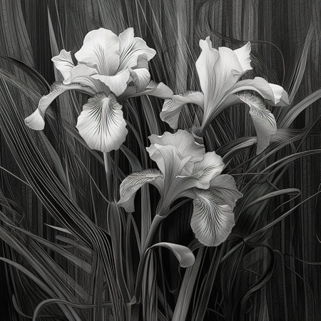 abstract iris petals, black and white illustration. Generative AIの素材