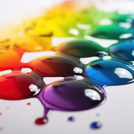 Multicolored rainbow drops of paint on a white background. Multicolored dripping paint. Generative AIの素材