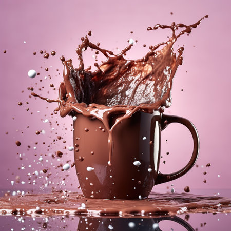 Splashes of iced coffee drink on a brown background. Generative AIの素材