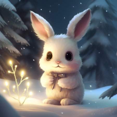 bunny celebrating christmas and new year on the background of fabulous winter forest, christmas card with xmas tree. Generative AIの素材