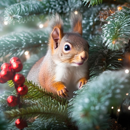 vintage composition with branches of a winter forest and a squirrel. A winter design element for a greeting card. Can be used for poster, web page, packaging. Generative AIの素材