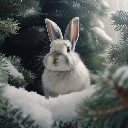 bunny celebrating christmas and new year on the background of fabulous winter forest, christmas card with xmas tree. Generative AIの素材