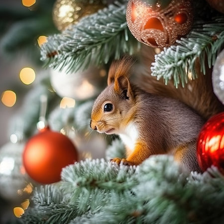 vintage composition with branches of a winter forest and a squirrel. A winter design element for a greeting card. Can be used for poster, web page, packaging. Generative AIの素材
