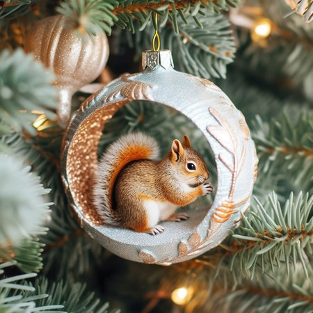 vintage composition with branches of a winter forest and a squirrel. A winter design element for a greeting card. Can be used for poster, web page, packaging. Generative AIの素材