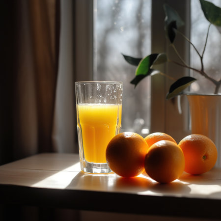 Still life with fresh orange juice in a glass with splashes and drops.juice with splashes shimmers in the rays of the sun. Generative AIの素材
