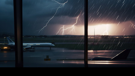 view from the airport window in a storm, thunderstorm, lightning. Generative AIの素材