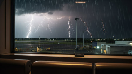 view from the airport window in a storm, thunderstorm, lightning. Generative AIの素材