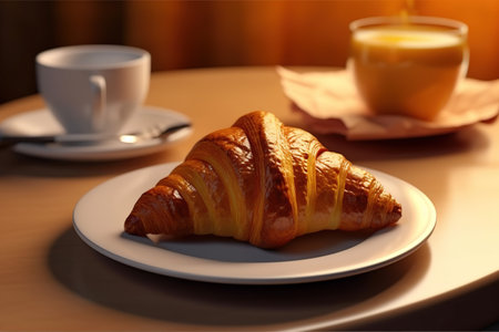 Delicious breakfast with fresh croissants and coffee served with butter and honey. Generative AIの素材