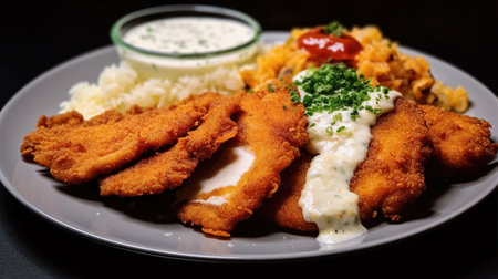 Rice with vegetables and chicken schnitzel. Healthy lunch or dinner on a plate.の素材
