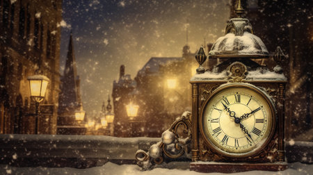 Round vintage clock, Christmas background. The concept of the New Year countdownの素材