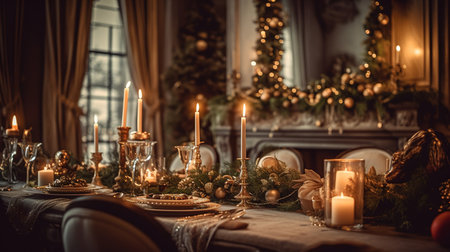 Beautiful served table with decorations, candles and lanterns. Living room decorated with lights and Christmas tree. holiday settingの素材