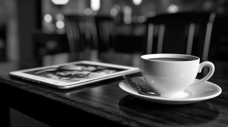 Female hands working with a laptop outdoor on blurred green plant backgroundの素材
