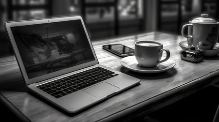 Female hands working with a laptop outdoor on blurred green plant backgroundの素材