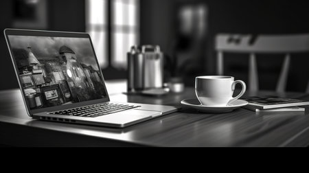 Female hands working with a laptop outdoor on blurred green plant backgroundの素材
