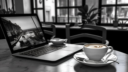 Female hands working with a laptop outdoor on blurred green plant backgroundの素材