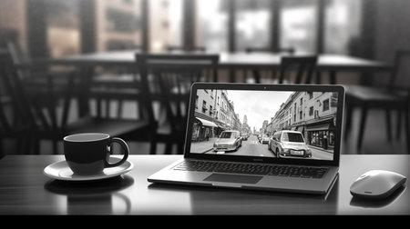 Female hands working with a laptop outdoor on blurred green plant backgroundの素材