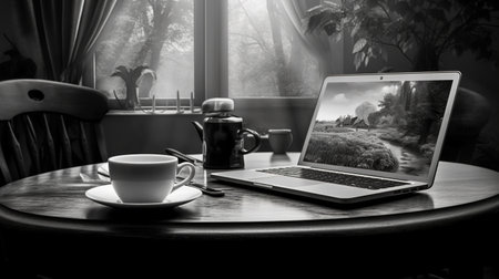 Female hands working with a laptop outdoor on blurred green plant backgroundの素材