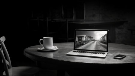 Female hands working with a laptop outdoor on blurred green plant backgroundの素材