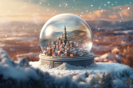 Stylish Christmas snow globe on the background of a Christmas tree in lights. Snow-white snow globe on the background of bokeh lightsの素材