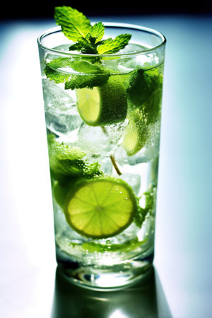 Fresh Mojito cocktail with lime, rosemary, mint and ice in a glass cup on background.の素材