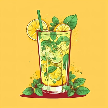 Mojito in a glass with tube for drinking. Alcohol or non-alcoholic cocktails. Classic cocktail with lime, mint and ice. Vector illustration on white background. summer party drink.の素材