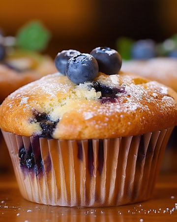 Blueberry muffins with powdered sugar and fresh berriesの素材