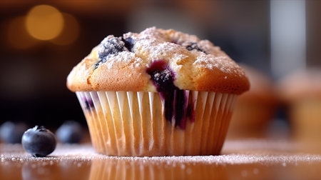 Blueberry muffins with powdered sugar and fresh berriesの素材
