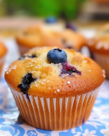 Blueberry muffins with powdered sugar and fresh berriesの素材