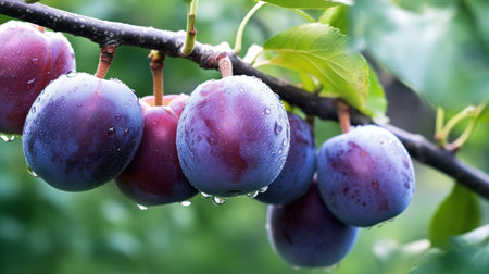 Ripe blue purple plums and green leaves on branchの素材